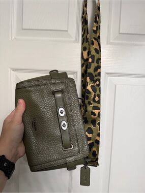 Coach Olive Green Pebbled Leather Crossbody with Leopard Print Strap